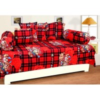 Single Bed Red 3D Printed Polycotton 6 Piece Diwan Set 